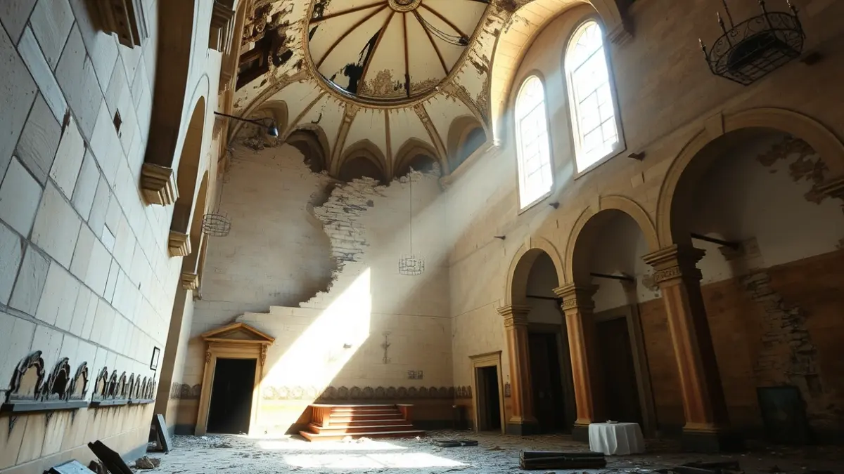 Image of a church with a partially collapsed ceiling, showing damage and desolation.