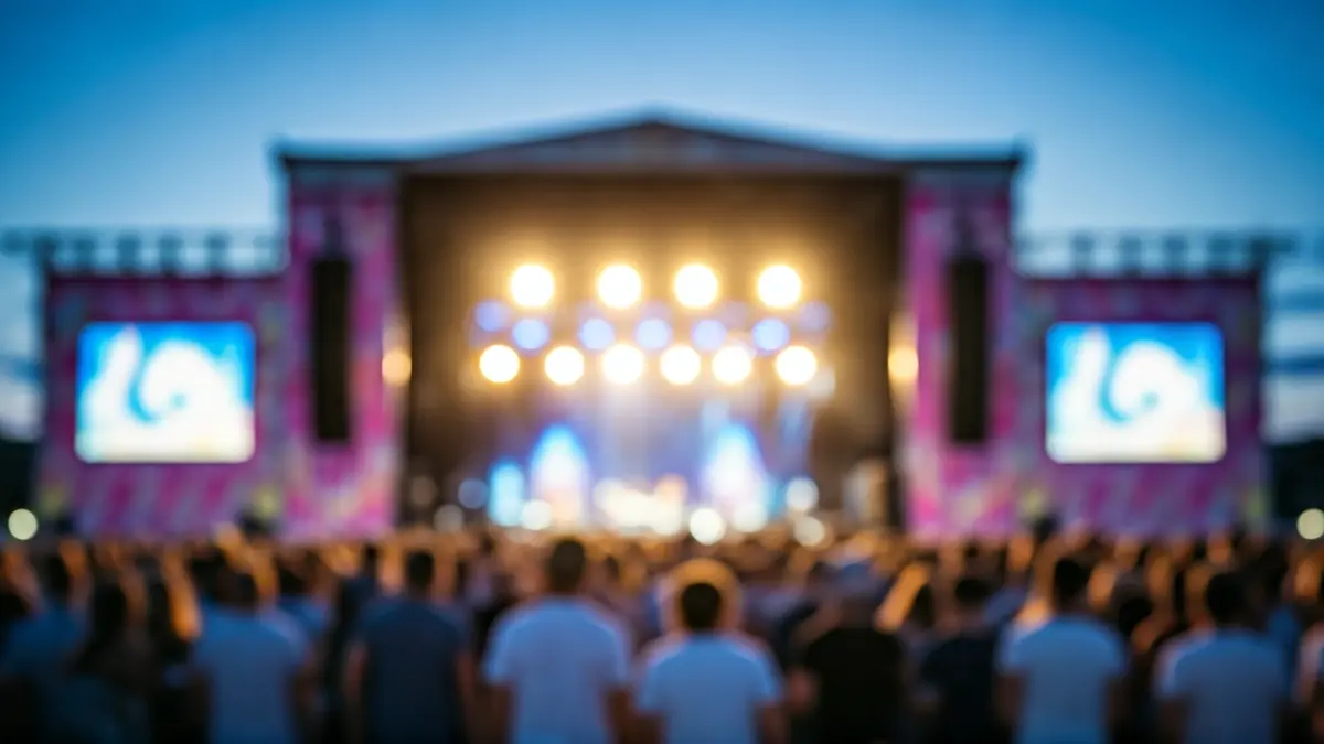 Imatge genèrica d'un festival de música a l'aire lliure amb llums de colors i una multitud borrosa.