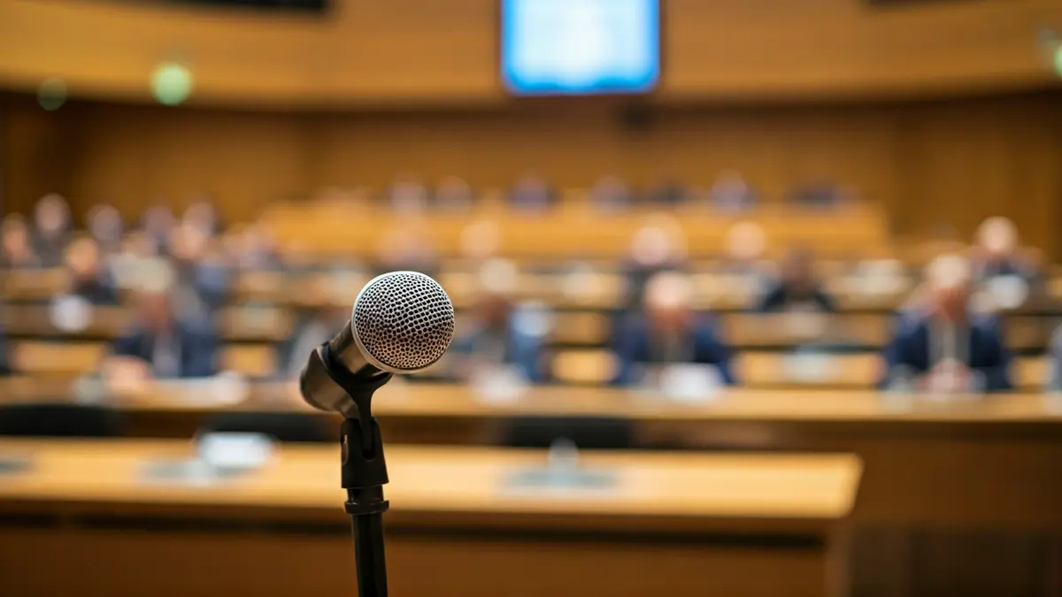 Generic image of a microphone on a podium, symbolizing a meeting or discussion.