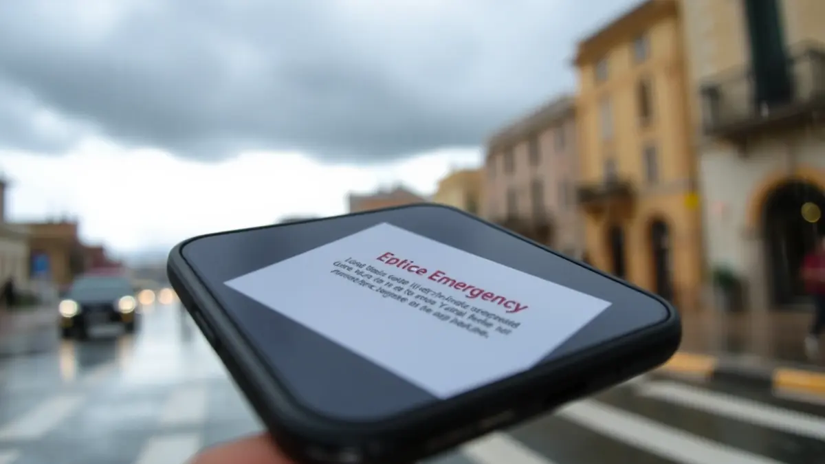 Imagen genérica de un teléfono móvil mostrando un mensaje de alerta de emergencia con lluvia de fondo.