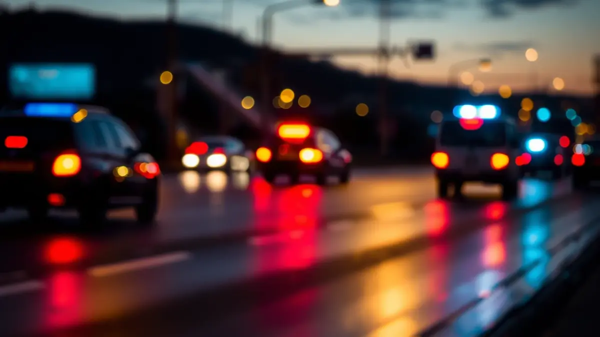 Imatge genèrica de llums d'emergència reflectint-se en l'asfalt mullat al capvespre, amb una sensació d'urgència.