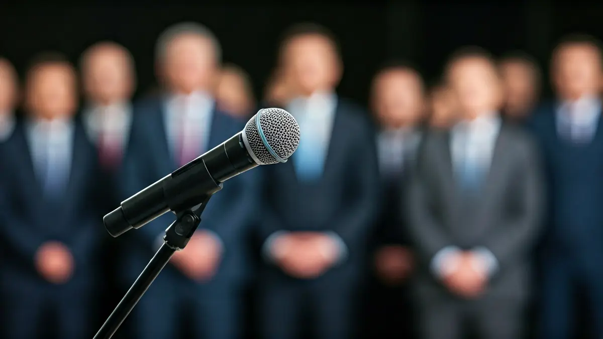 Generic image of a microphone on a podium, symbolizing a political debate or press conference.