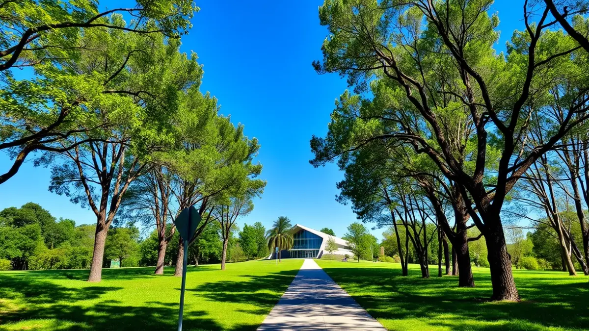 Imatge d'un alberg modern en un entorn natural, amb arbres i un camí que conduïx a ell.