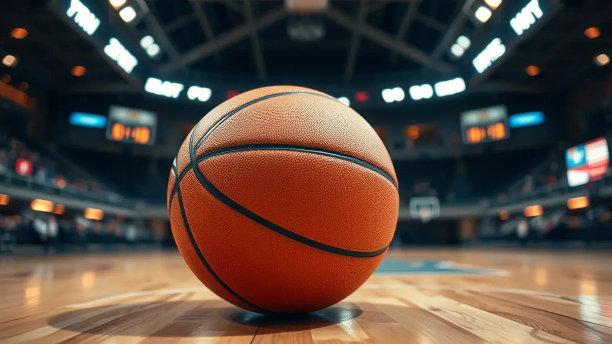 Generic image of a basketball on a wooden court.
