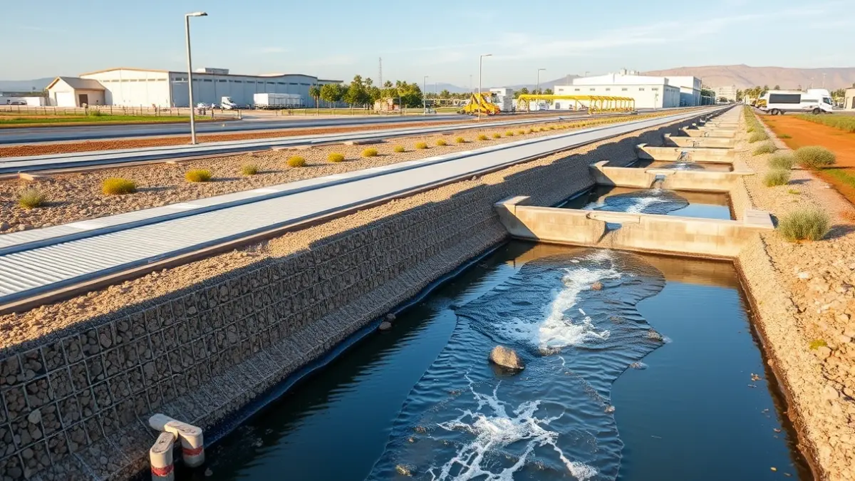 Imatge d'infraestructura moderna en un polígon industrial, amb nous col·lectors pluvials i basses de retenció d'aigua.