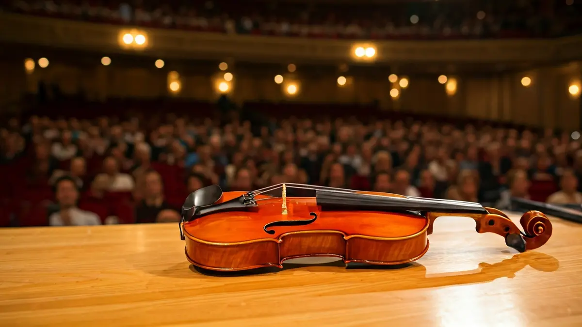 Imagen genérica de un violín y un violonchelo en un escenario, con asientos de público desenfocados al fondo.