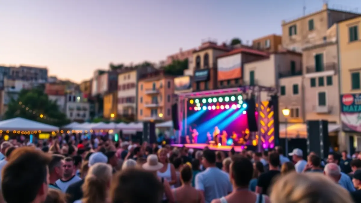 Generic image of an outdoor music festival at dusk, with an illuminated stage and a crowd enjoying the music.