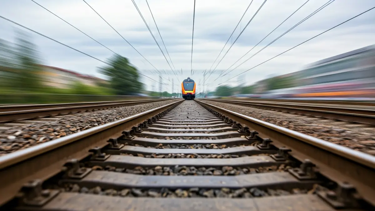 Imatge de vies de tren amb objectes a sobre, amb un tren borrós al fons.