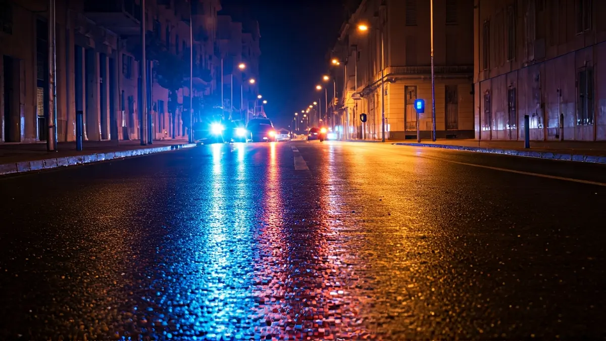 Imatge genèrica de llums d'emergència reflectint-se sobre l'asfalt mullat de nit.
