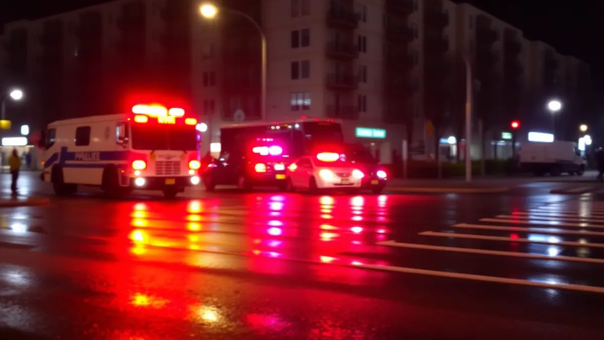 Generic image of emergency lights reflecting on wet asphalt at night, with blurred buildings in the background.