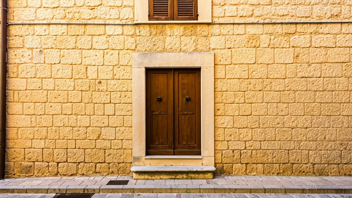 Image of a closed historic building in a Mediterranean city, with a traditional wooden door and an old sign, bathed in warm afternoon sunlight.