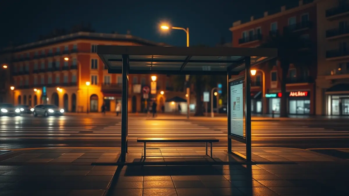 Imagen genérica de una parada de autobús vacía de noche en una ciudad mediterránea, con luces cálidas y sombras alargadas.