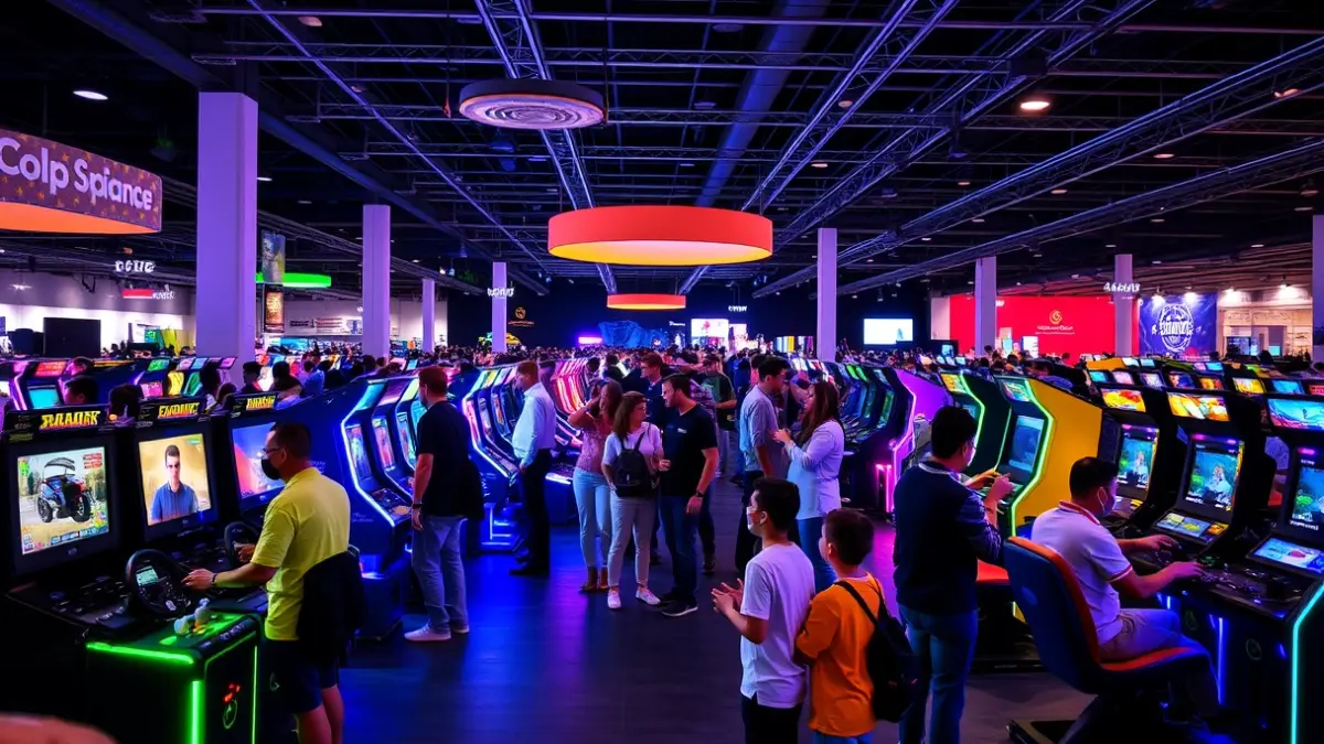 Imagen genérica de una sala de exposiciones con estaciones de juegos digitales y personas de diversas edades interactuando.