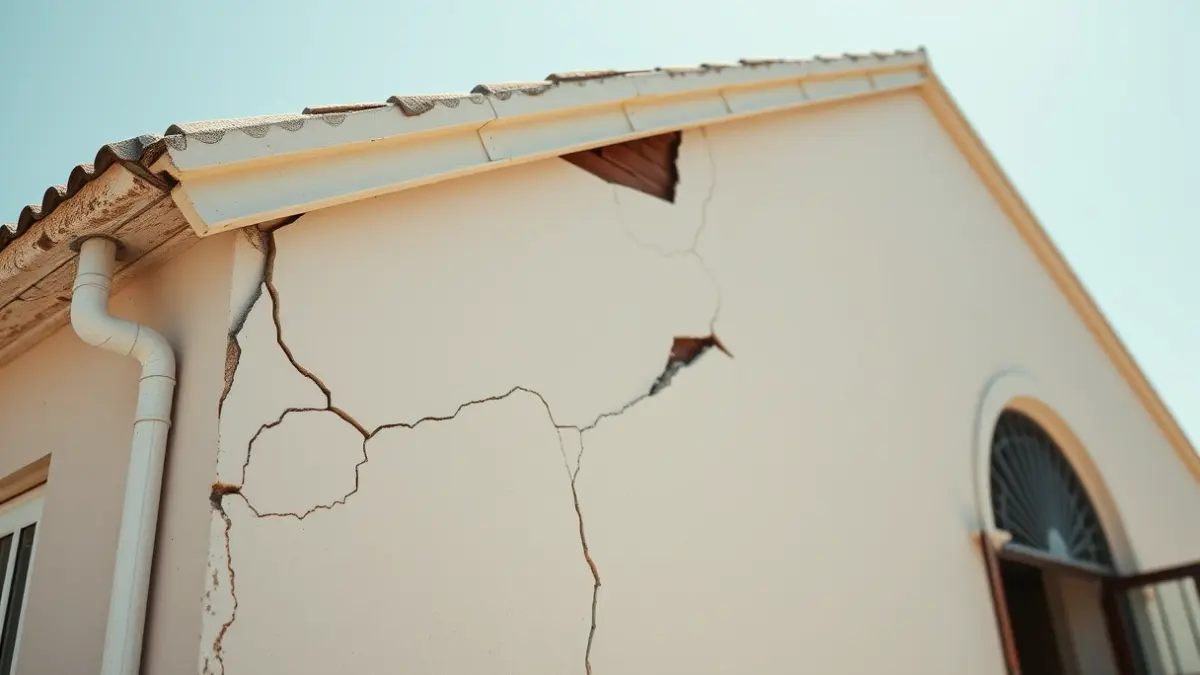 Image of a school building with cracks and structural damage, in need of repair.
