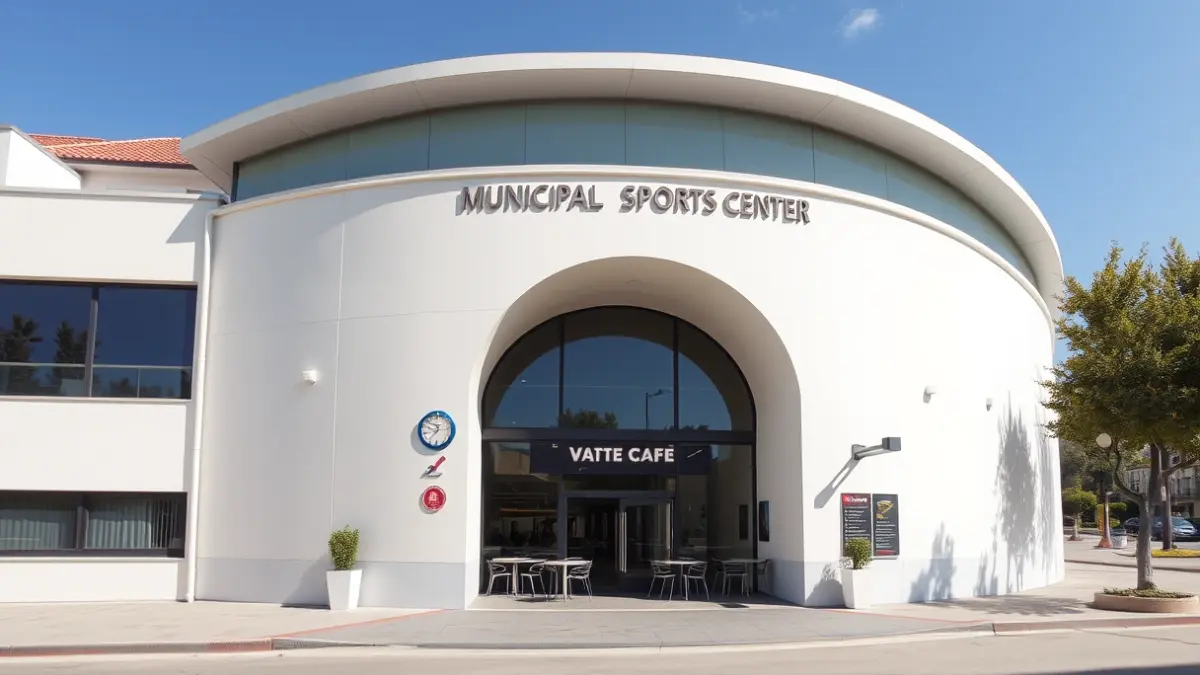 Imagen de la fachada de un polideportivo municipal con una cafetería.