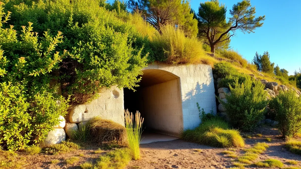 Imatge d'un búnquer reconstruït de la Guerra Civil en un entorn natural.