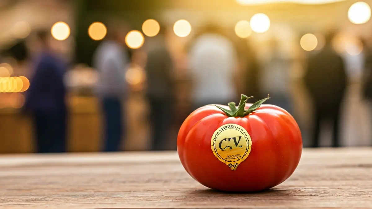 Image of a Valencian tomato with the 'CV' seal at a gastronomic fair.