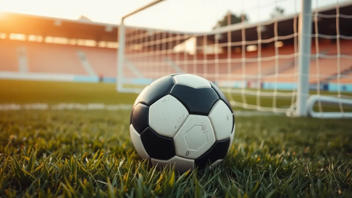 Generic image of a soccer ball on stadium grass, with a blurred goal net in the background.