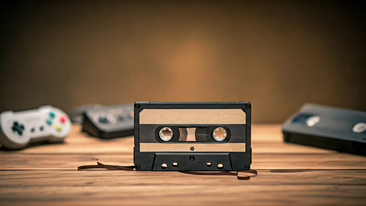 Imatge genèrica d'una cinta de casset rebobinant-se amb un llapis, amb elements dels anys 90 al fons.