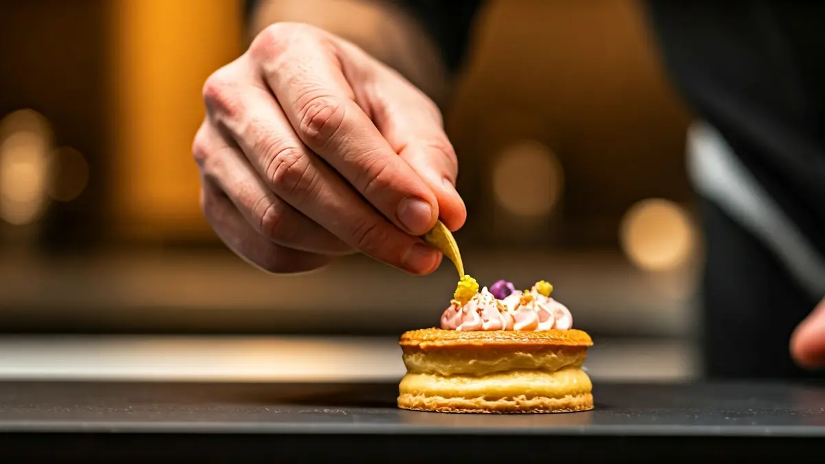 Generic image of a chef's hands precisely decorating a pastry.
