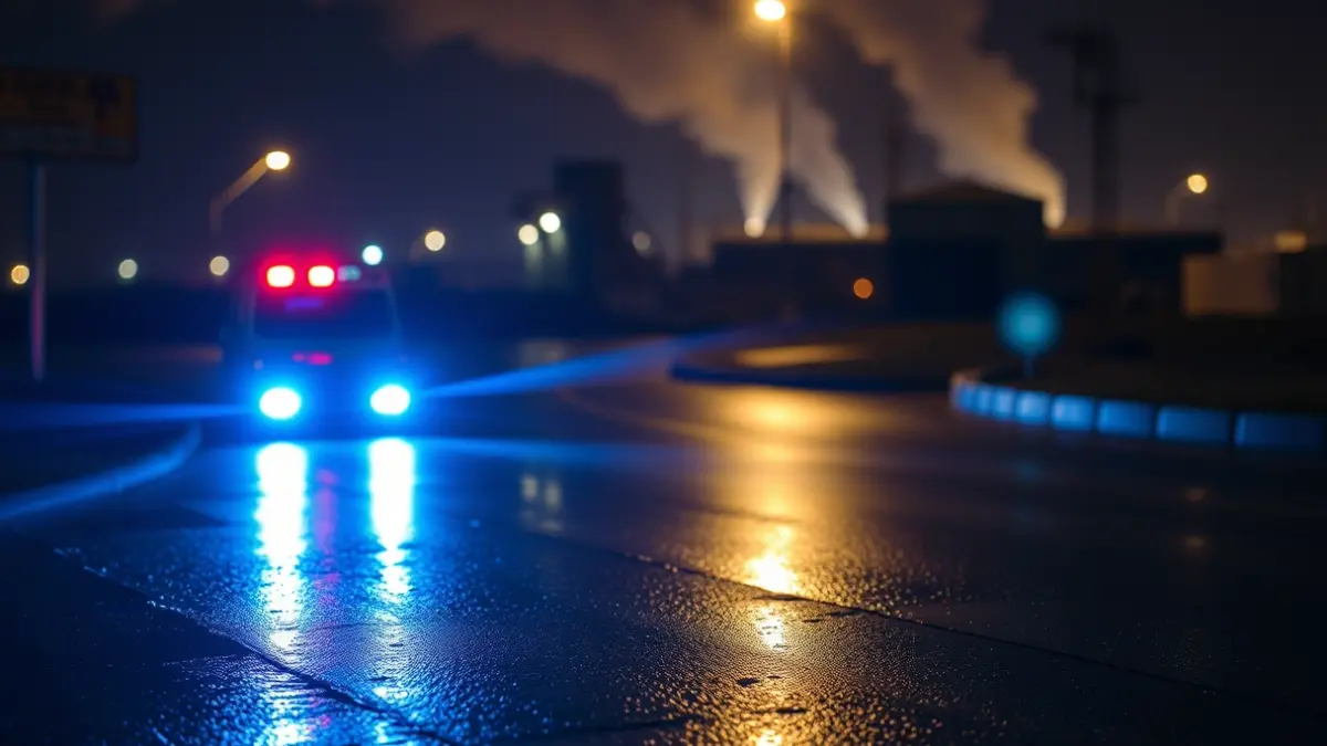 Generic image of emergency lights reflecting on wet asphalt at night, with smoke in the distance.