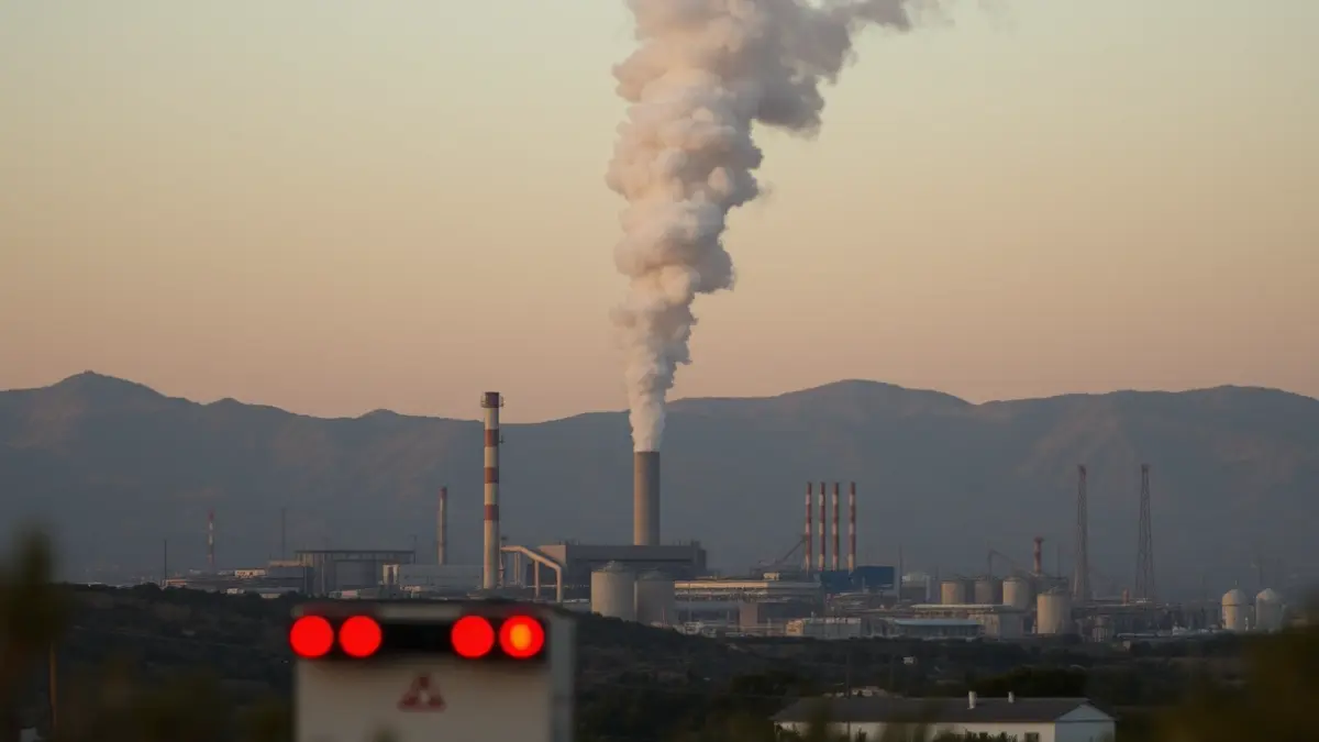 Imatge d'una columna de fum gris eixint d'una planta industrial en un paisatge mediterrani, amb llums d'emergència borroses en primer pla.
