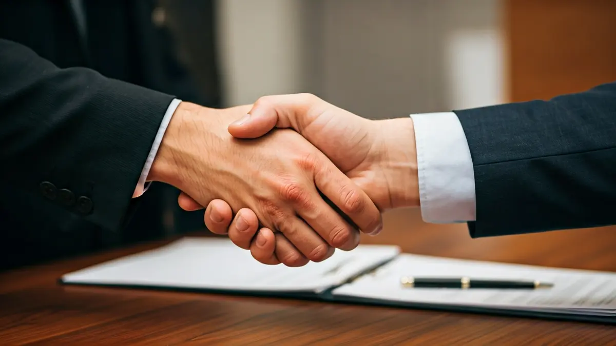Generic image of two hands shaking over paperwork, symbolizing job creation and contracts.