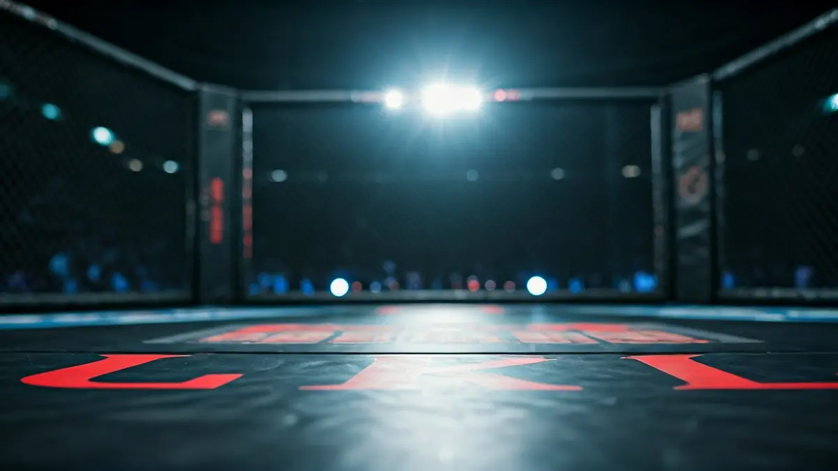 Imatge genèrica d'un tatami de MMA amb les cordes de la gàbia desenfocades al fons, sota llums d'arena.