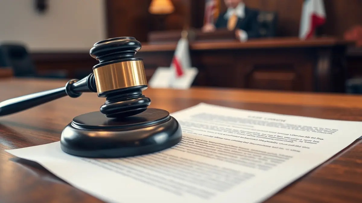 Generic image of a legal document with a judge's gavel on a wooden desk, in a courtroom setting.