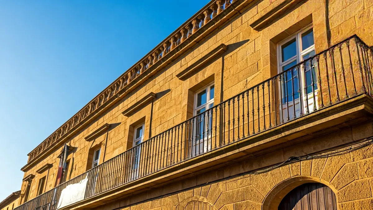 Fachada del ayuntamiento de Calp con balcón y barandillas de hierro, bañada por la luz del sol de la tarde.