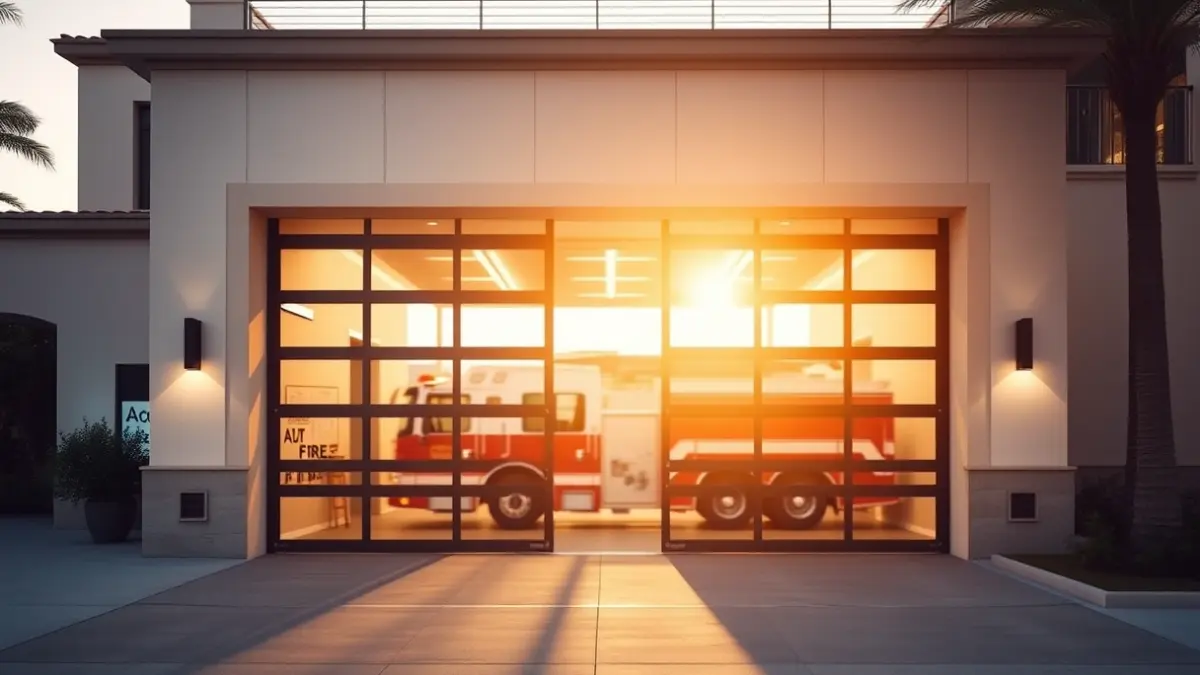 Imatge d'un parc de bombers modern amb les portes obertes, en un entorn mediterrani.