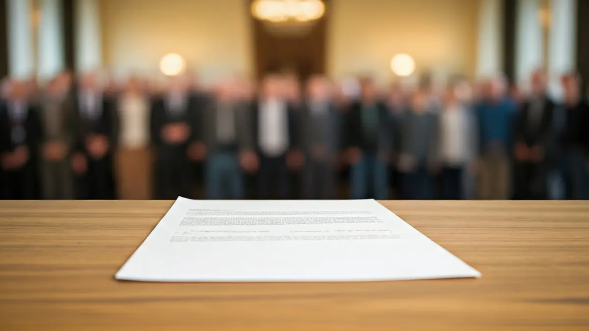 Imatge d'una carta de dimissió sobre un escritori, amb l'interior d'un edifici municipal desenfocat.