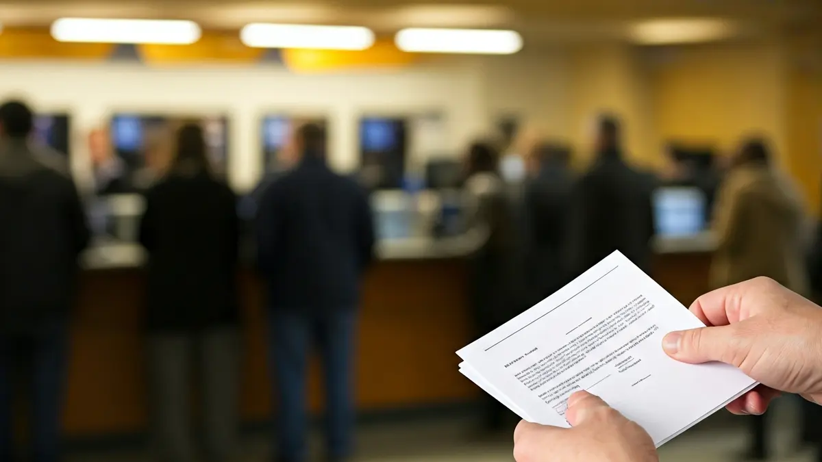Generic image of a hand holding an official document in a post office.