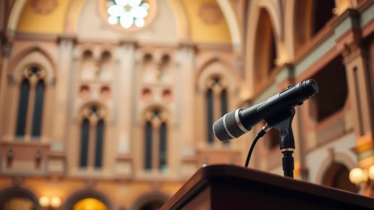 Imatge d'un micròfon en un faristol dins d'un antic convent, simbolitzant un espai cultural.