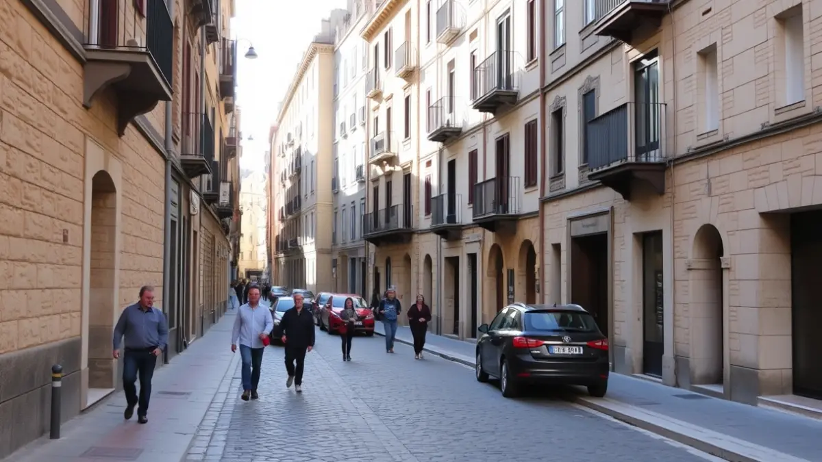 Image of a narrow, historic street in a Mediterranean town, car-free and with pedestrians.
