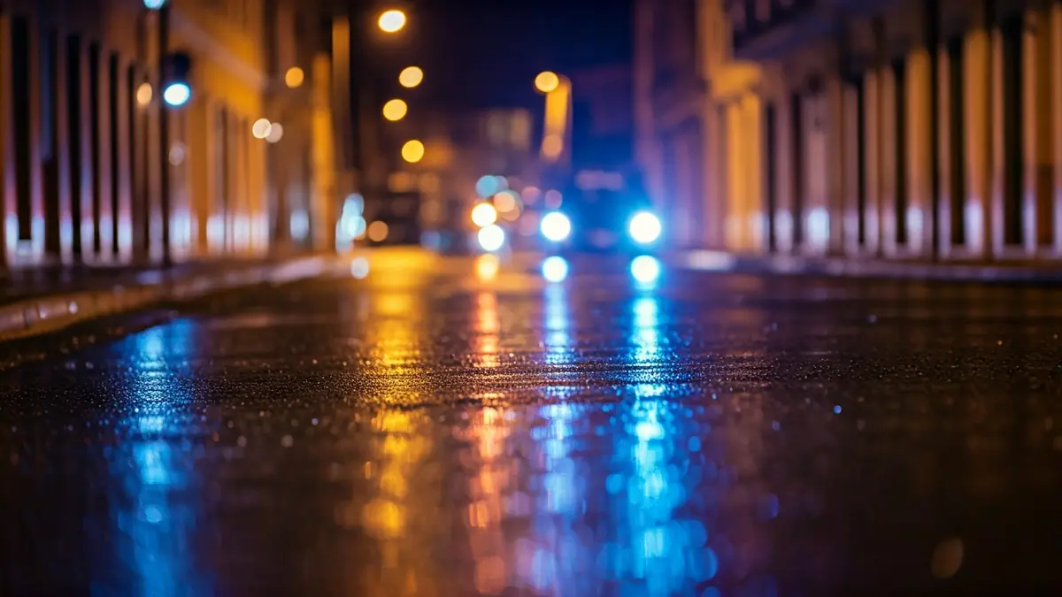 Generic image of emergency lights reflecting on wet asphalt at night.