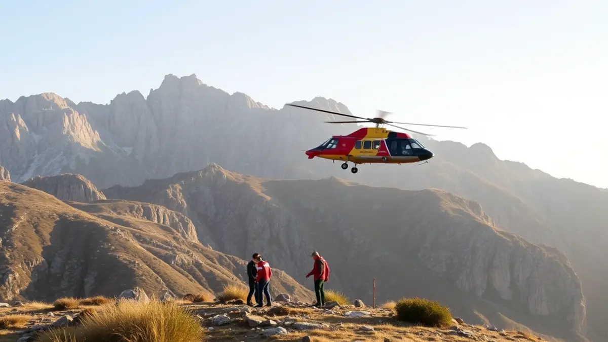 Image of a rescue helicopter in the Serra del Migdia of Pego, with emergency personnel attending to an injured person.