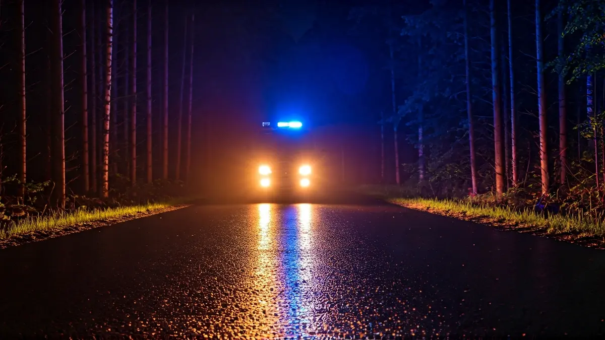 Imatge genèrica de llums d'emergència en un entorn forestal, reflectint-se en l'asfalt mullat.
