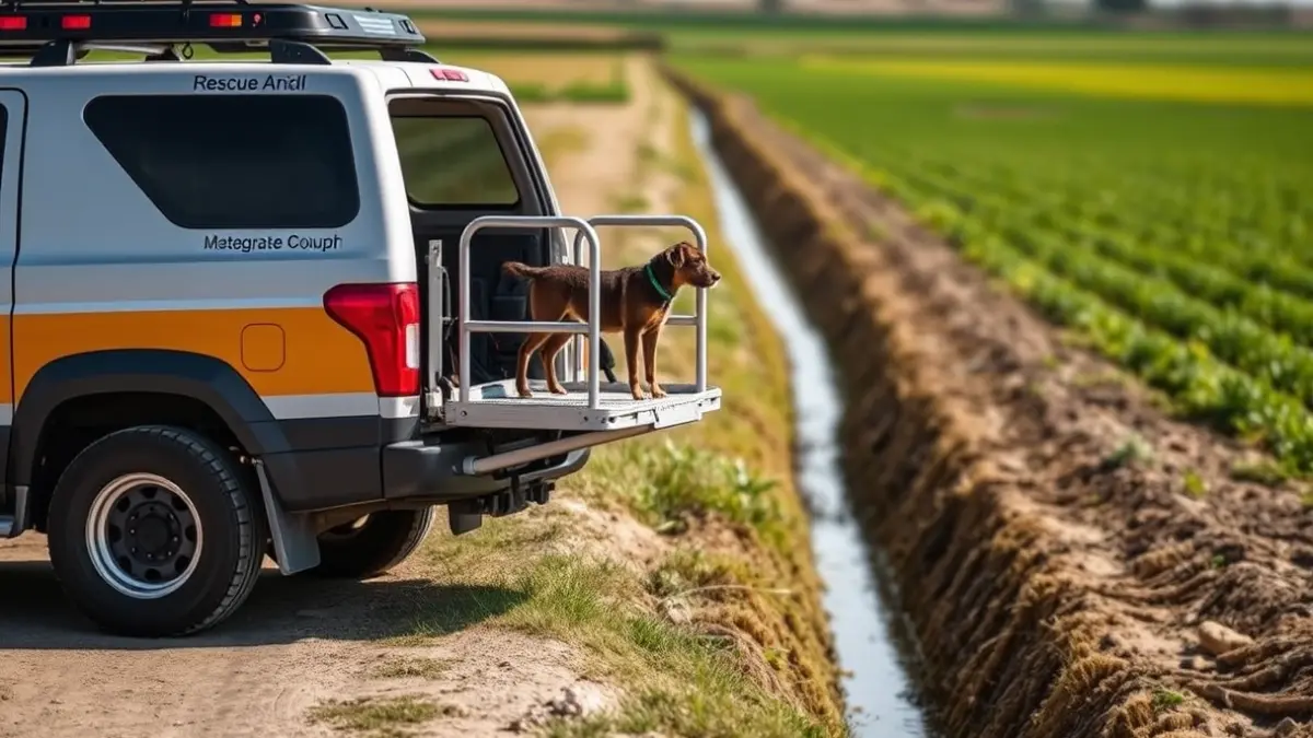 Imatge d'un vehicle de rescat amb plataforma elevada prop d'una séquia, en un entorn rural de la Comunitat Valenciana.