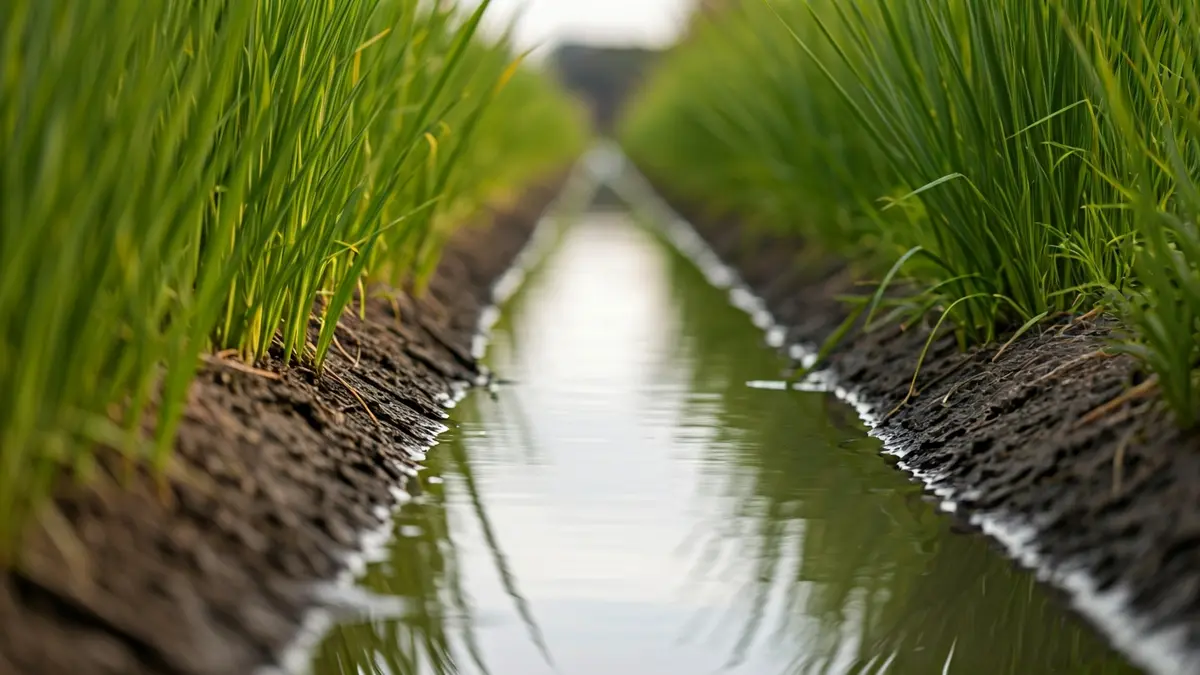 Image of a ditch with muddy water, blurred vegetation, and soft morning light.