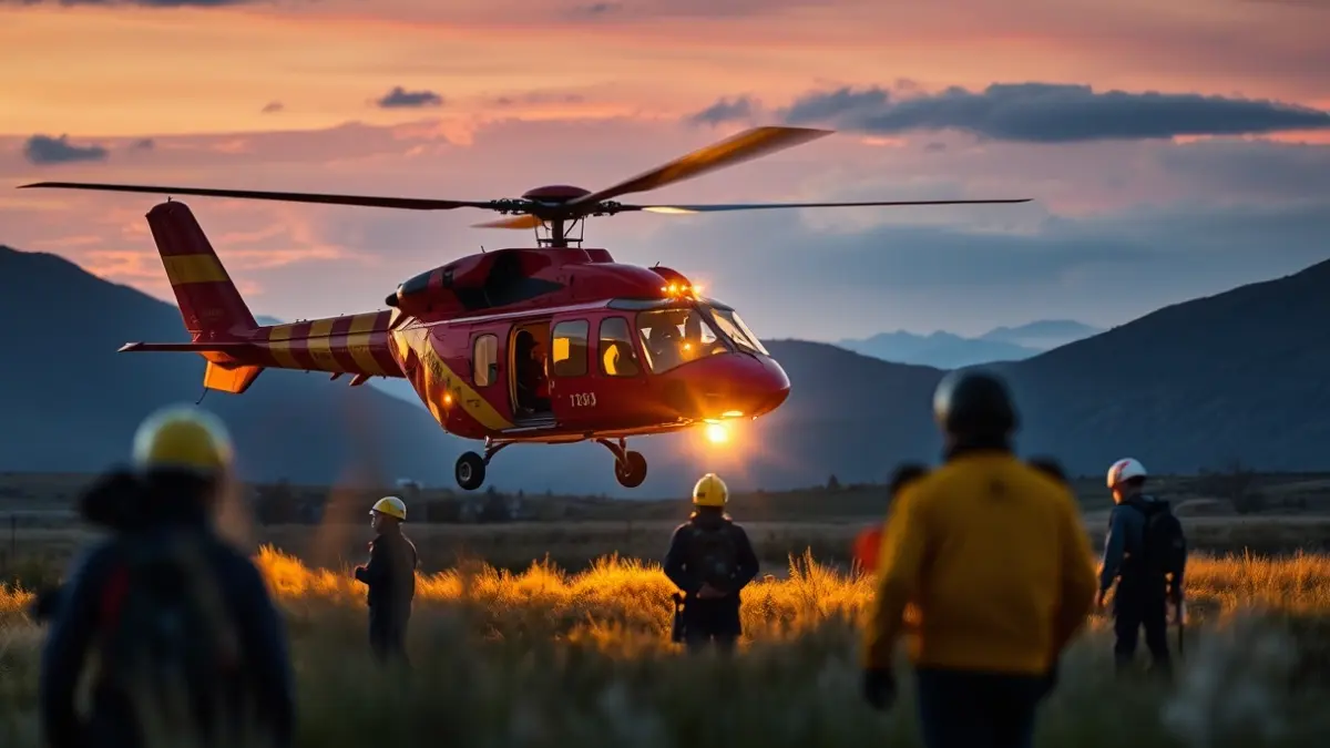 Imatge d'un helicòpter de rescat aterrant en una zona muntanyosa al capvespre, amb llums d'emergència i personal de rescat.