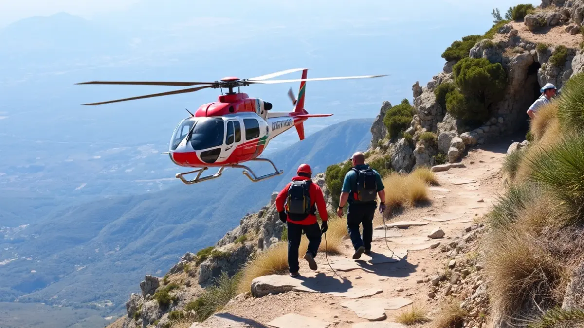 Imatge d'un helicòpter de rescat sobrevolant una senda de muntanya, amb rescatadors descendint cap a una persona ferida.