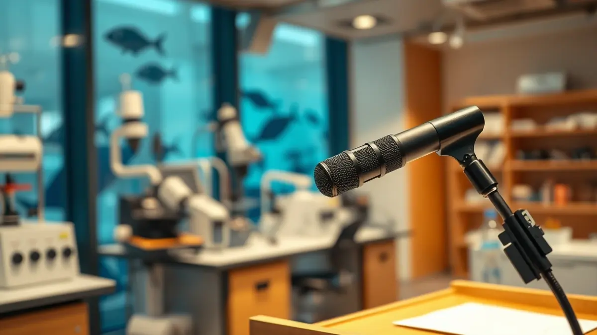 Image of a microphone on a podium, with blurred marine scientific equipment in the background, symbolizing research and culture.