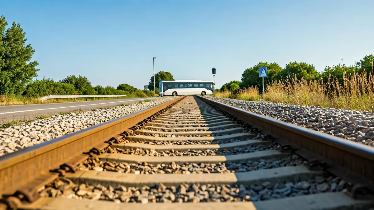 Imatge d'unes vies de tren antigues amb herba i grava, amb un autobús desenfocat al fons, simbolitzant la falta de servici ferroviari.