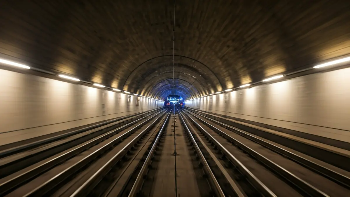 Generic image of metro tracks in a tunnel with blurred lights.