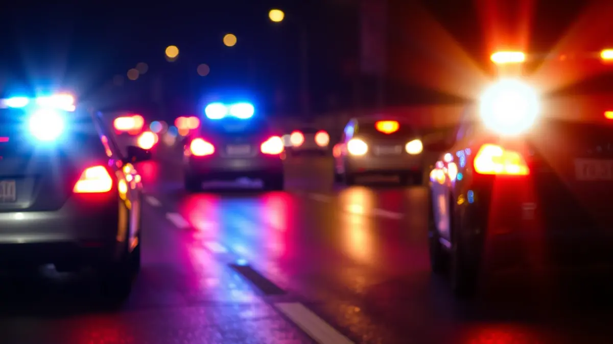 Imatge genèrica de llums d'emergència reflectint-se en l'asfalt mullat de nit, amb vehicles borrosos al fons.