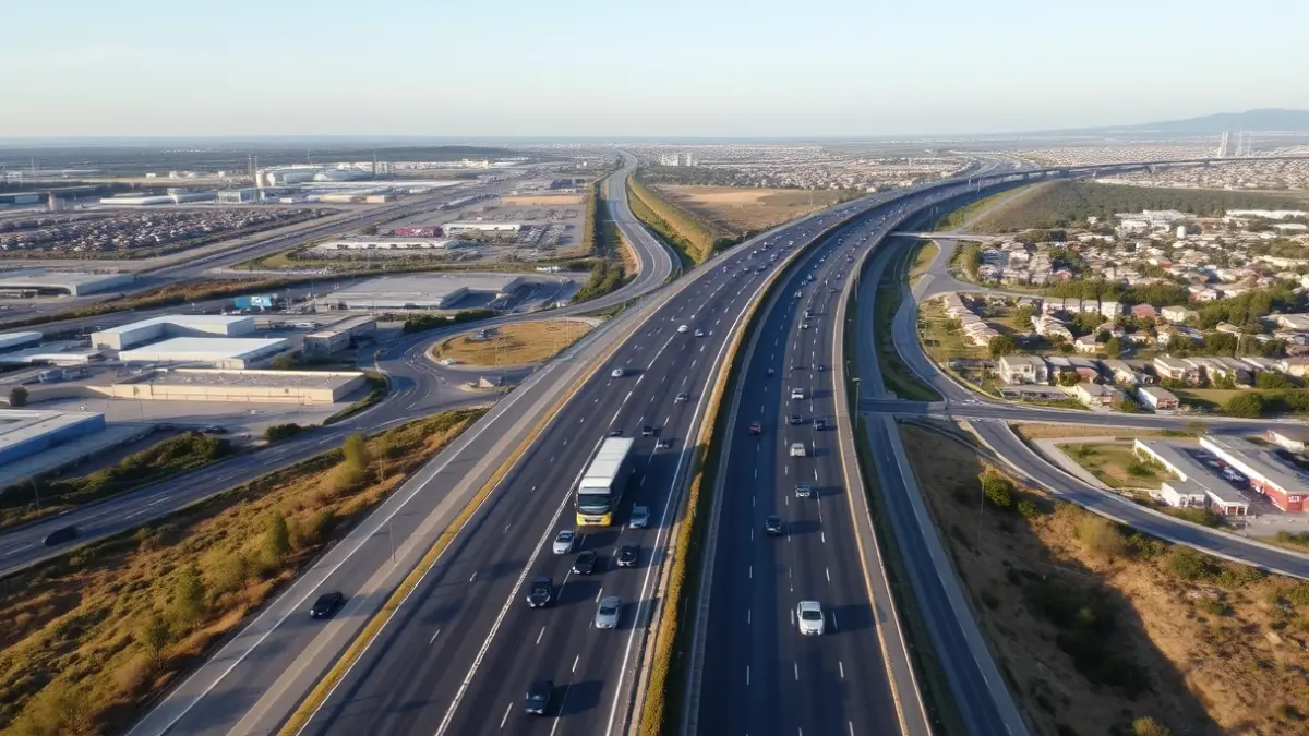 Imatge genèrica d'una autopista amb trànsit moderat en hora punta, amb polígons industrials i zones residencials al voltant.