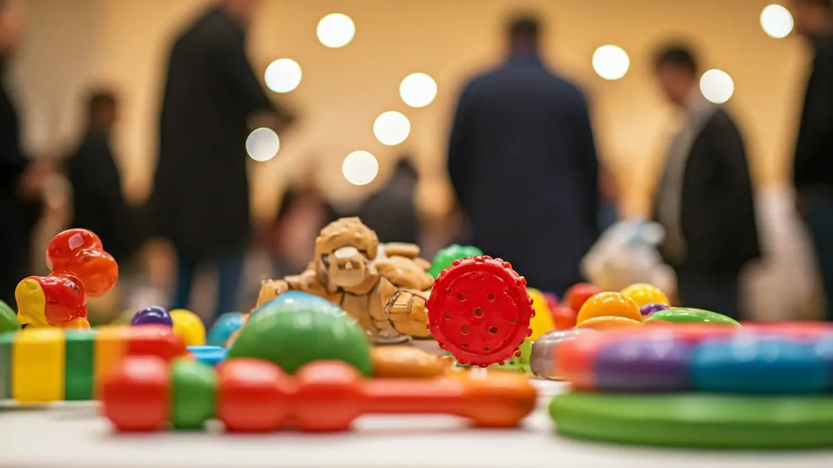 Imatge genèrica de joguets de colors variats, alguns amb vores borroses, sobre una superfície llisa.