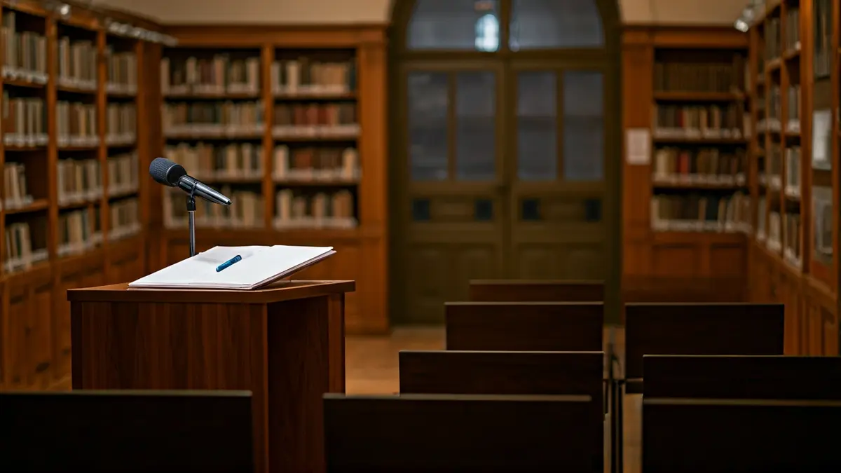 Imatge genèrica d'un interior de biblioteca amb prestatgeries de fusta i un micròfon en un podi.