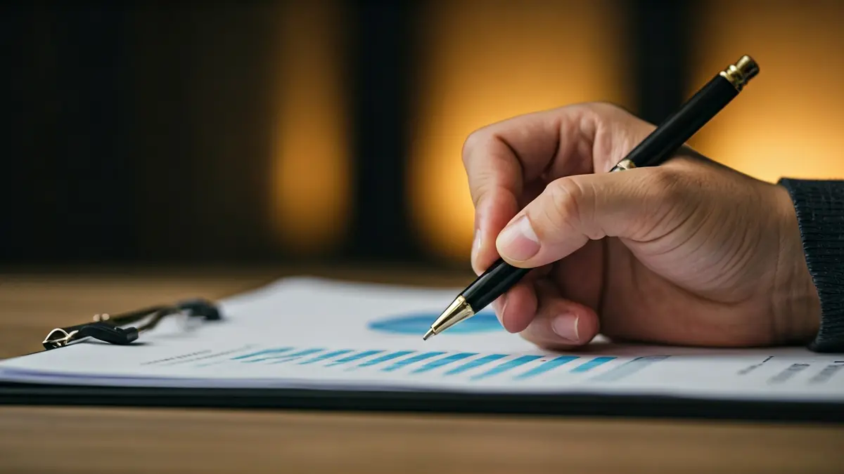 Imatge genèrica d'una mà amb un bolígraf sobre un document amb gràfics i números borrosos, simbolitzant l'economia i l'ocupació.